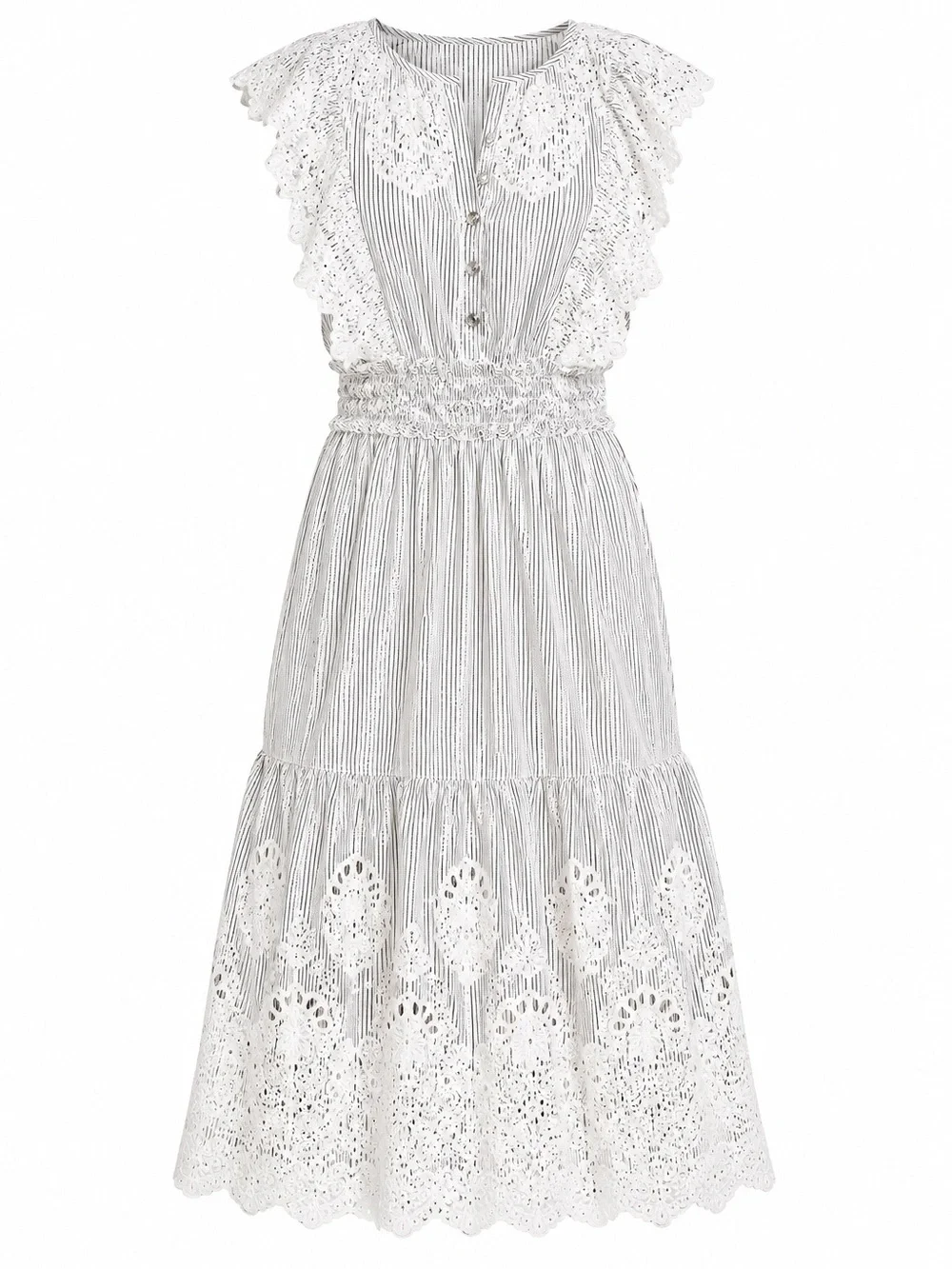 SAYLOR Maliyah White Dress with Gray Pinstripes and Lace Eyelet - Picture 2 of 6